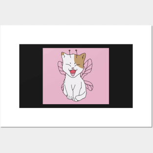 cat fairy cute kawaii cottagecore butterfly pastel pink Posters and Art